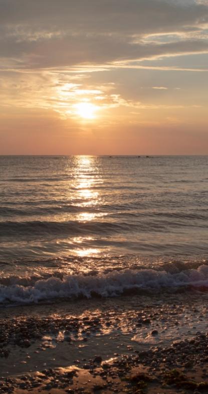 Tramonto dorato sul mare, onde leggere e spiaggia di ciottoli, atmosfera serena e calda.