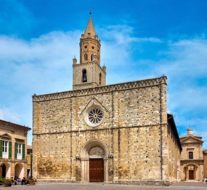 Imponente cattedrale medievale in pietra, con un magnifico rosone e un alto campanile.