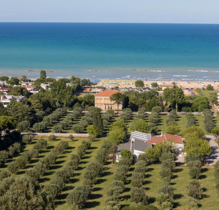 Vista panoramica su mare azzurro, uliveti lussureggianti e villa storica immersa nel verde.
